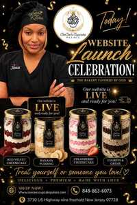 Cee Cee's Cupcake Palace website launch celebration flyer featuring the founder and cupcakes in a jar
