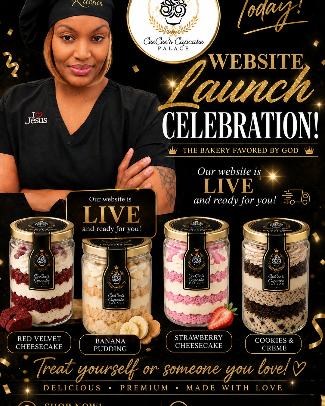 Cee Cee's Cupcake Palace website launch celebration flyer featuring the founder and cupcakes in a jar